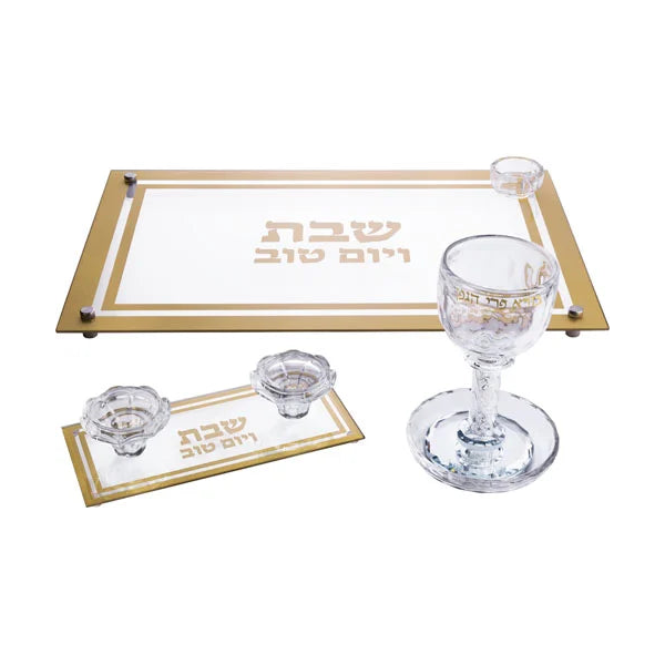 סט גביע קידוש, פמוטים ומגש קריסטל - דגם רבקה